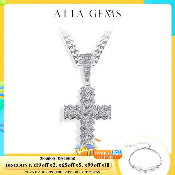ATTAGEMS D Color Full Moissanite Pendant Necklace for Women Men Cross Solid 925 Sterling Silver Birthday Party Fine Jewelry Gift